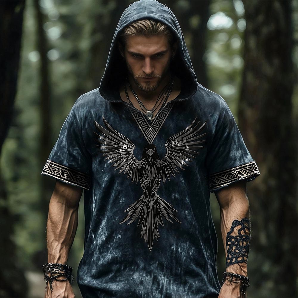 WorldNorse Odin's Raven Celtic Knot Hooded Linen Shirt - US/UK/AU50，EU60 (5XL) - image 0