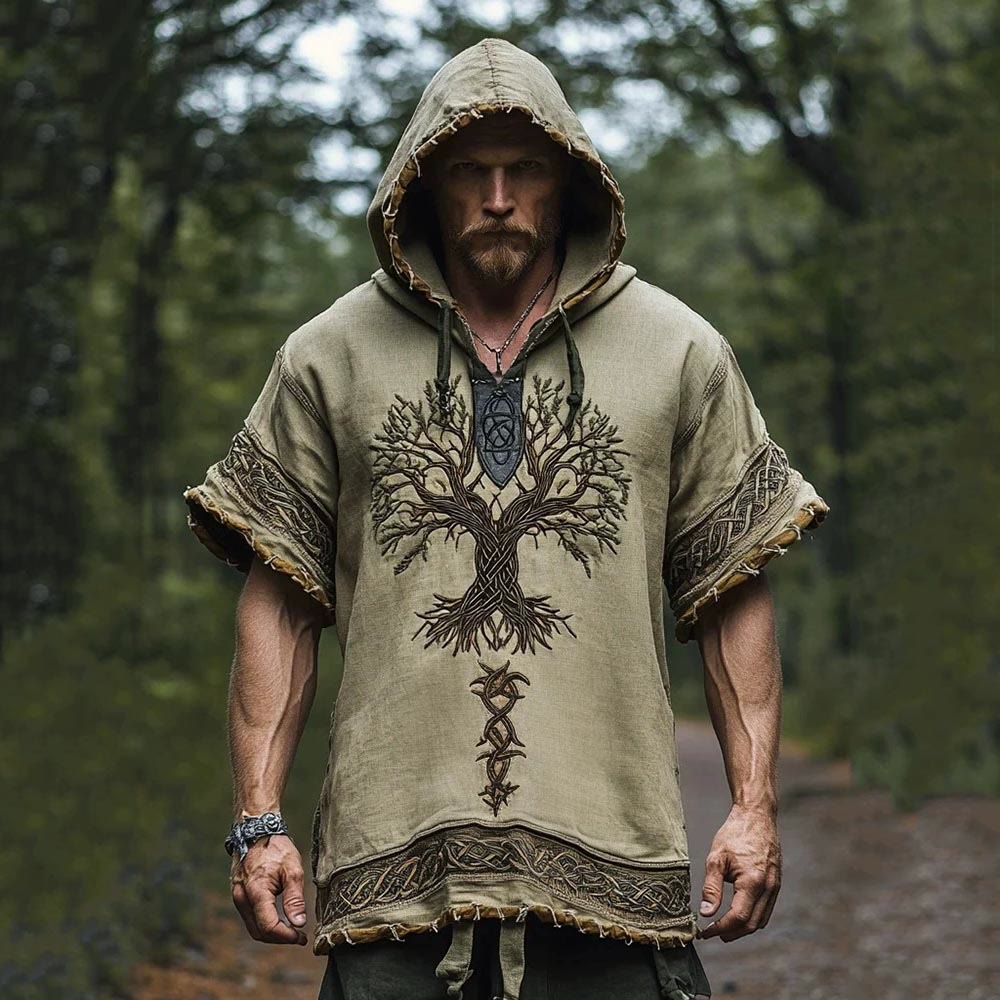 WorldNorse Yggdrasil Celtic Trim Hooded Linen Shirt - US/UK/AU50，EU60 (5XL) - image 0