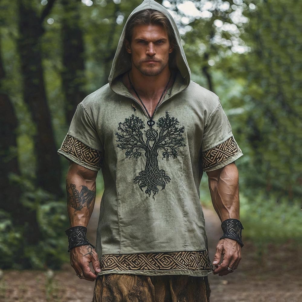 WorldNorse Tree of Life Celtic Knot Pattern Hooded Linen Shirt - US/UK/AU50，EU60 (5XL) - image 0