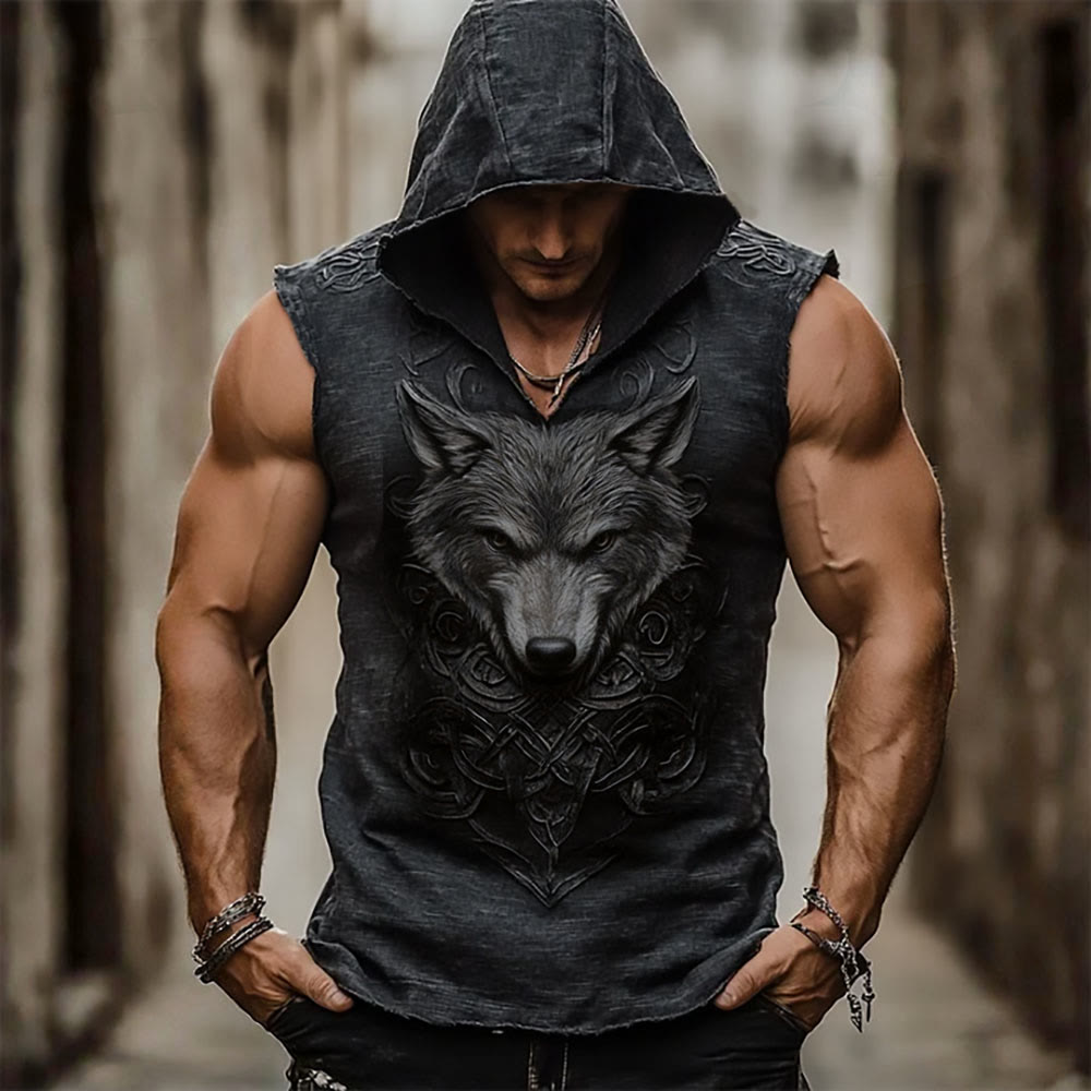 WorldNorse Viking Wolf Celtic Pattern Hooded Linen Vest - US/UK/AU50，EU60 (5XL) - image 0