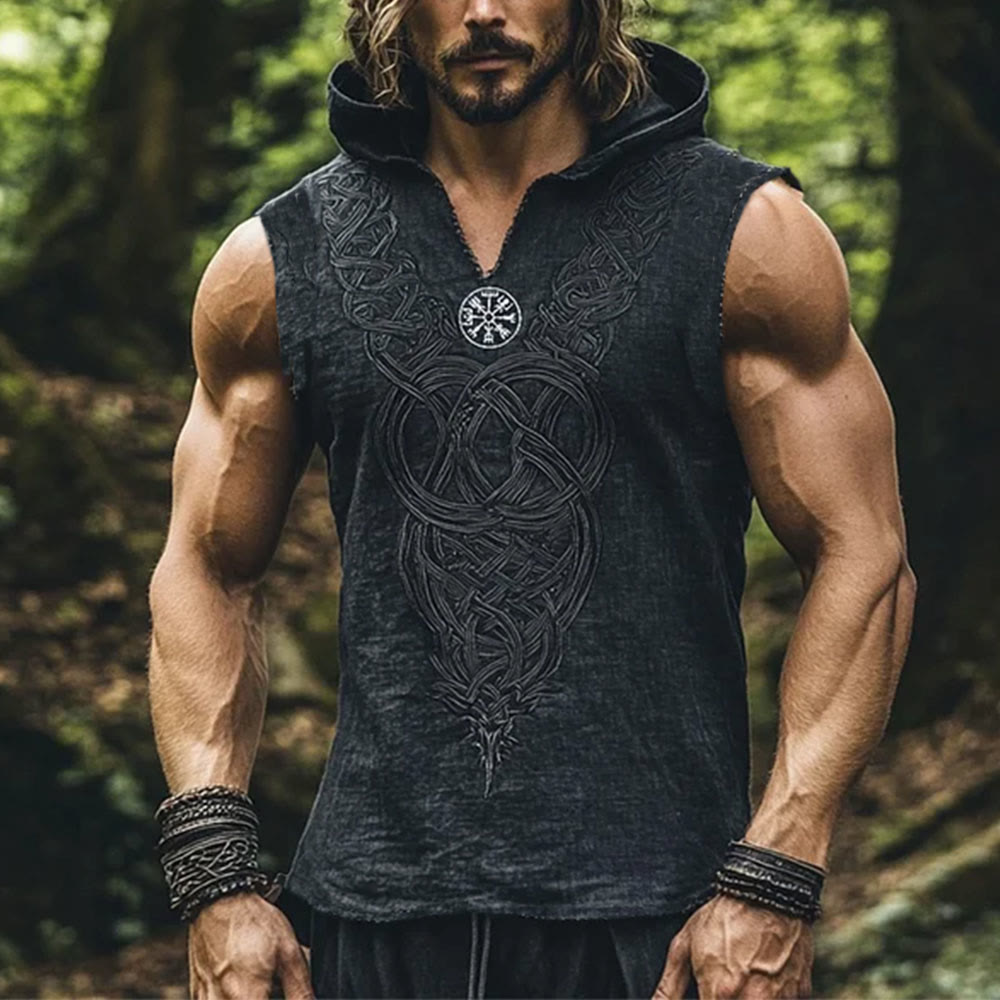 WorldNorse Vegvisir Compass Knotwork Hooded Linen Vest - US/UK/AU50，EU60 (5XL) - image 0