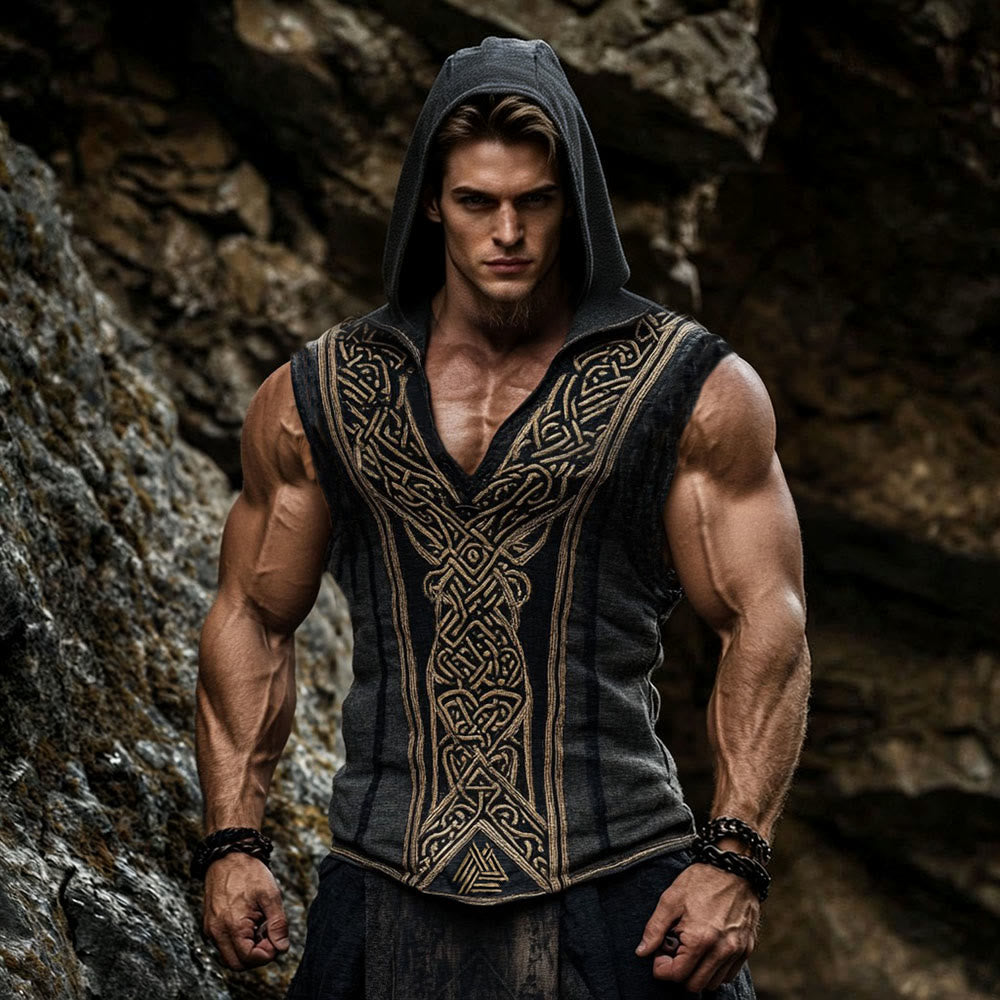 WorldNorse Viking Valknut Celtic Pattern Hooded Linen Vest - US/UK/AU50，EU60 (5XL) - image 0