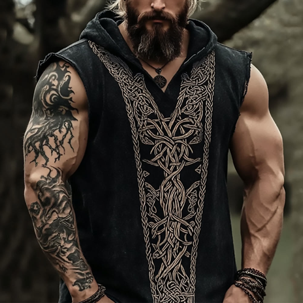 WorldNorse Viking Tribal Celtic Knotwork Hooded Linen Vest - US/UK/AU50，EU60 (5XL) - image 0