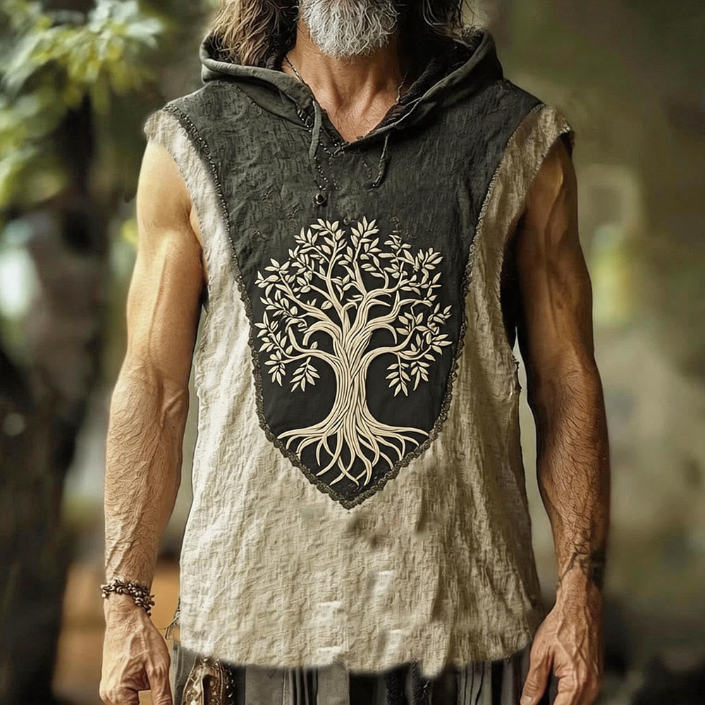 WorldNorse Viking Tree of Life Print Hooded Linen Vest - US/UK/AU50，EU60 (5XL) - image 0