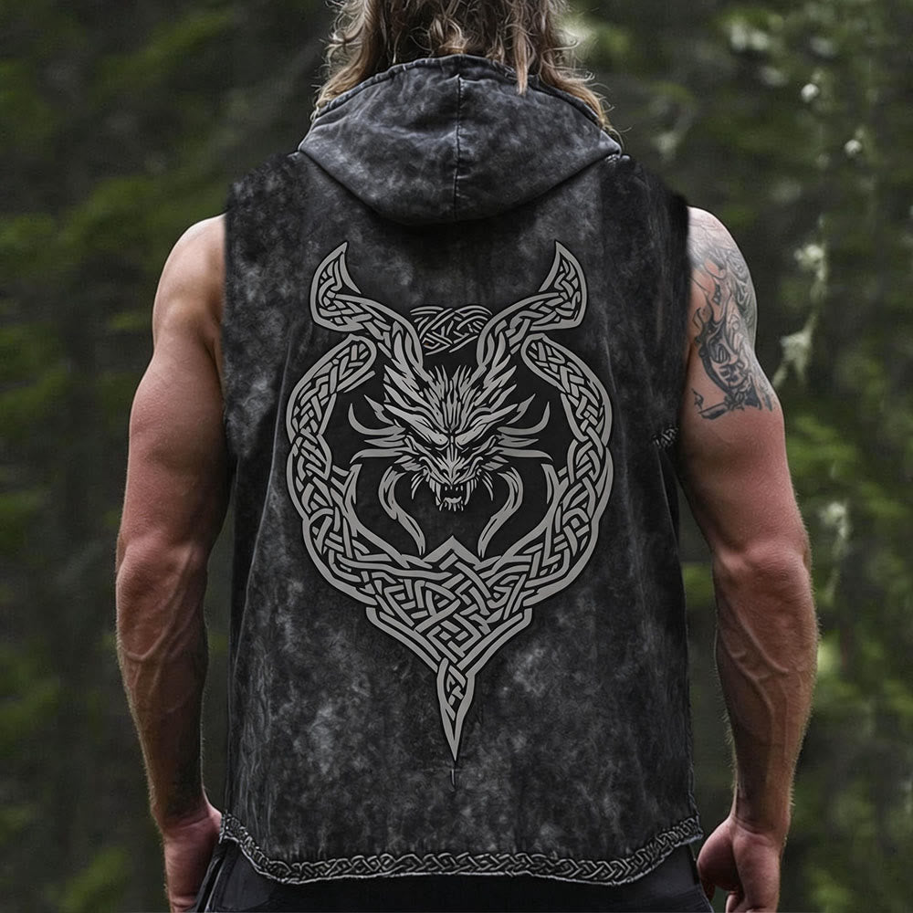 WorldNorse Viking Dragon Knotwork Print Hooded Linen Vest - US/UK/AU50，EU60 (5XL) - image 0
