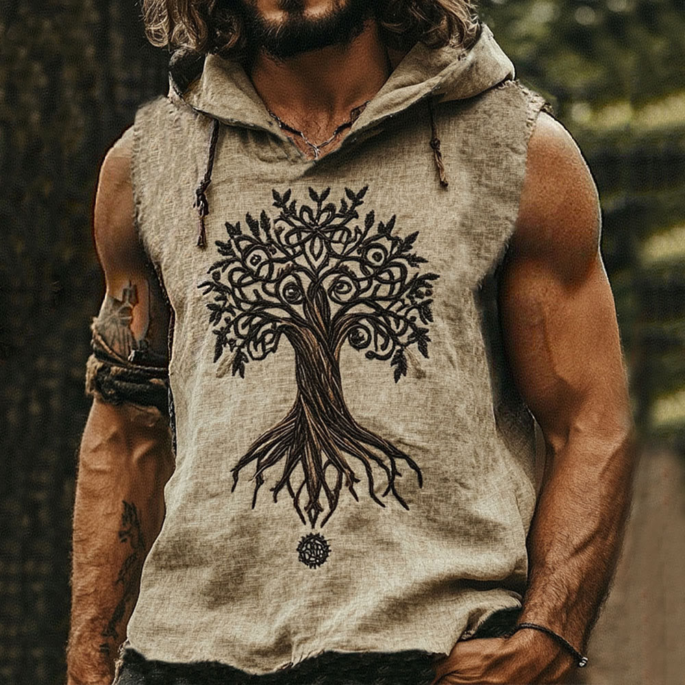 WorldNorse Yggdrasil Celtic Knot Hooded Linen Vest - US/UK/AU50，EU60 (5XL) - image 0