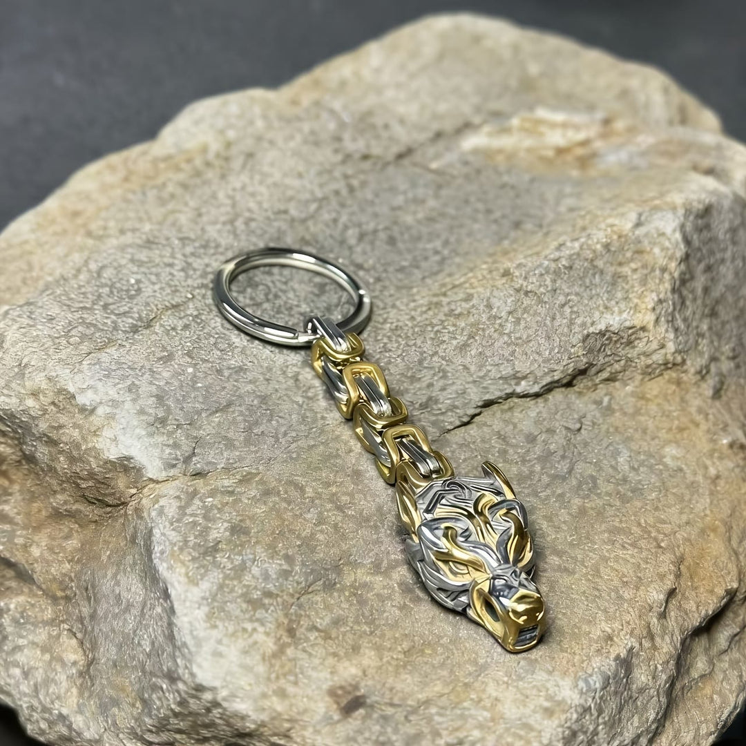 WorldNorse "Fenrir's Might" Viking Wolf Head Keychain - Silver & Gold - image 2