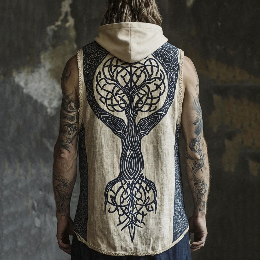 WorldNorse Vintage Celtic Knot Yggdrasil Hooded Linen Vest - US/UK/AU50，EU60 (5XL) - image 0