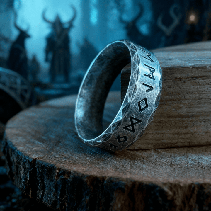 WorldNorse Hammered Futhark Rune Viking Amulet Ring - Retro Silver - US 13 - image 1