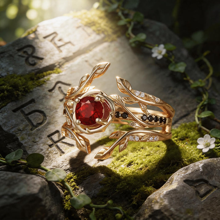 FREE Today: Blooming Rose Ruby and Black Onyx Branch Ring Set - image 3