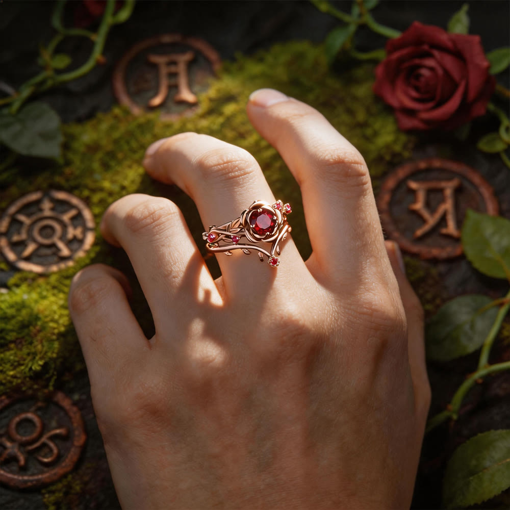 FREE Today: Rose Flower Ruby with Curved Leaf Ring Set - image 1