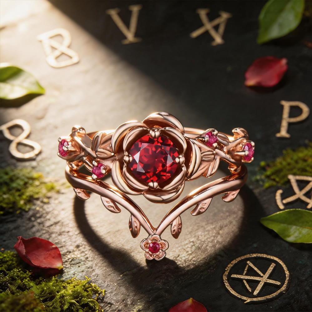 FREE Today: Rose Flower Ruby with Curved Leaf Ring Set - US 10 - image 0