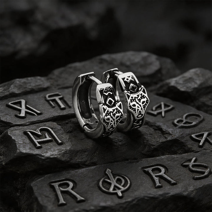 WorldNorse Viking Wolf Head Rune Hoop Earrings - image 2