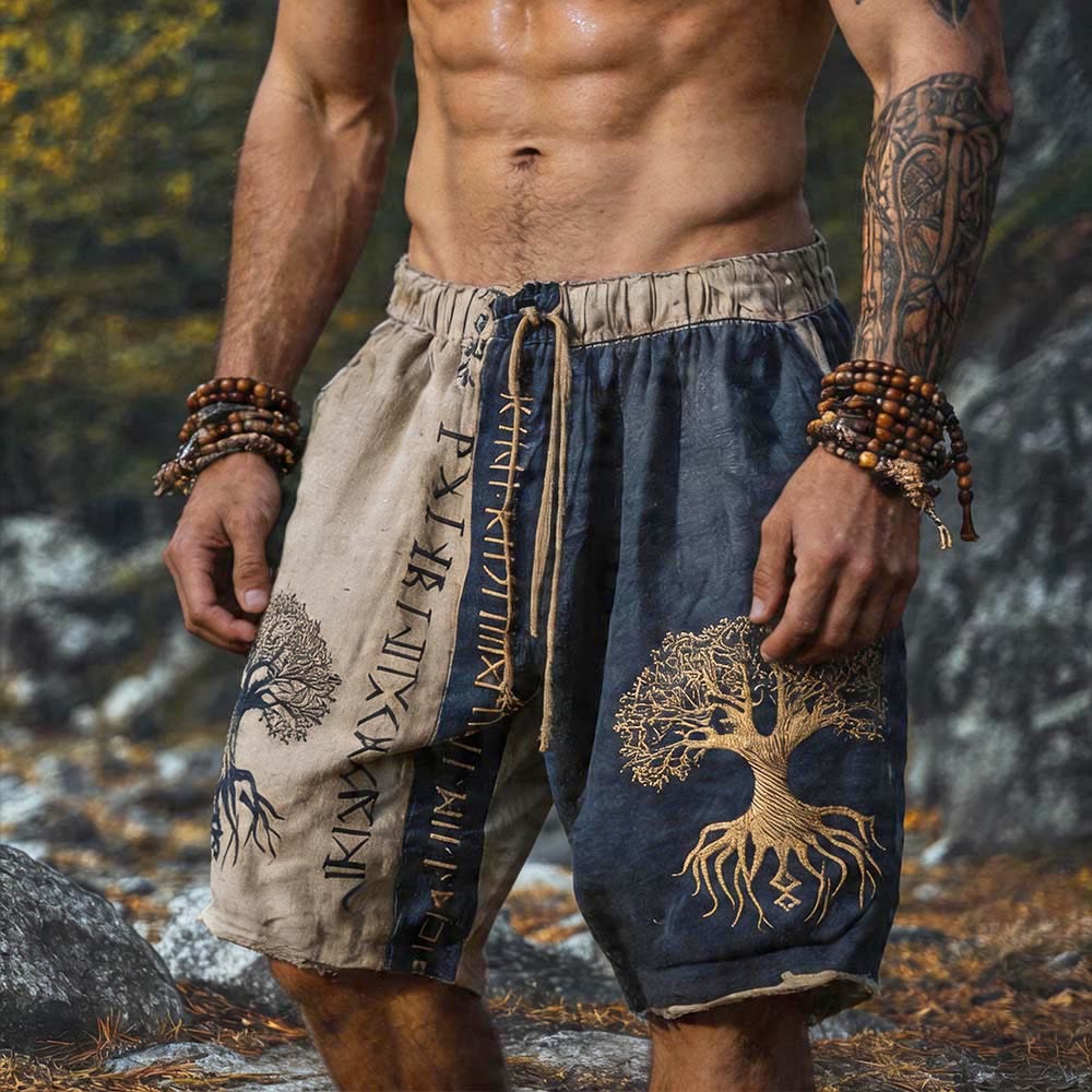 WorldNorse Dual Tone Yggdrasil Rune Print Linen Shorts - US/UK/AU50，EU60 (5XL) - image 0