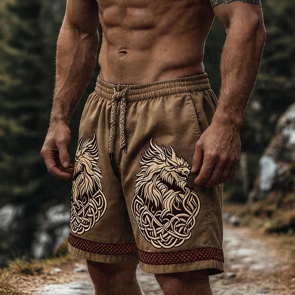 WorldNorse Norse Dragon Head Knotwork Linen Shorts - US/UK/AU50，EU60 (5XL) - image 0