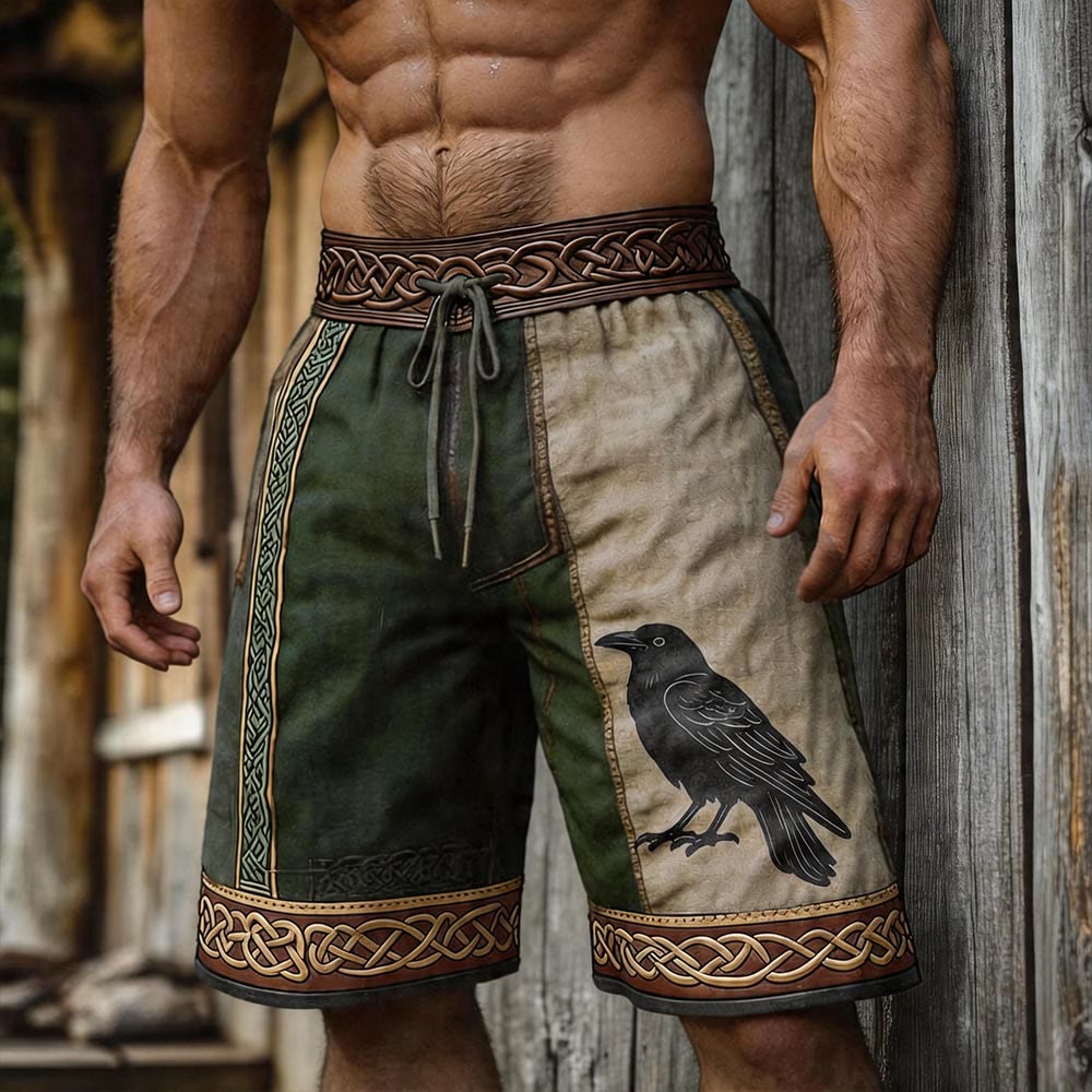 WorldNorse Odin Raven Celtic Trim Linen Shorts - US/UK/AU50，EU60 (5XL) - image 0