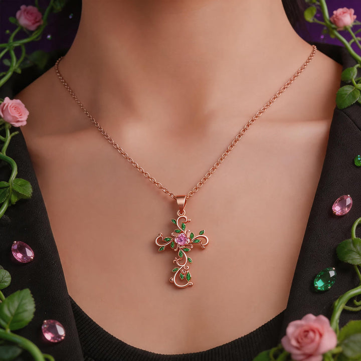 FREE Today: Gold Tone Vine Leaf Pink Gemstone Cross Necklace - image 1