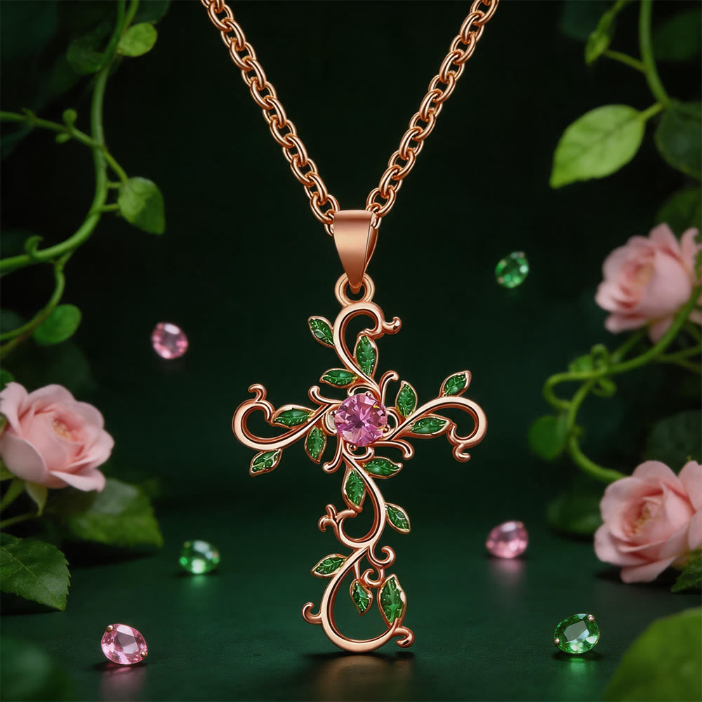 FREE Today: Gold Tone Vine Leaf Pink Gemstone Cross Necklace - Rose Gold - image 0