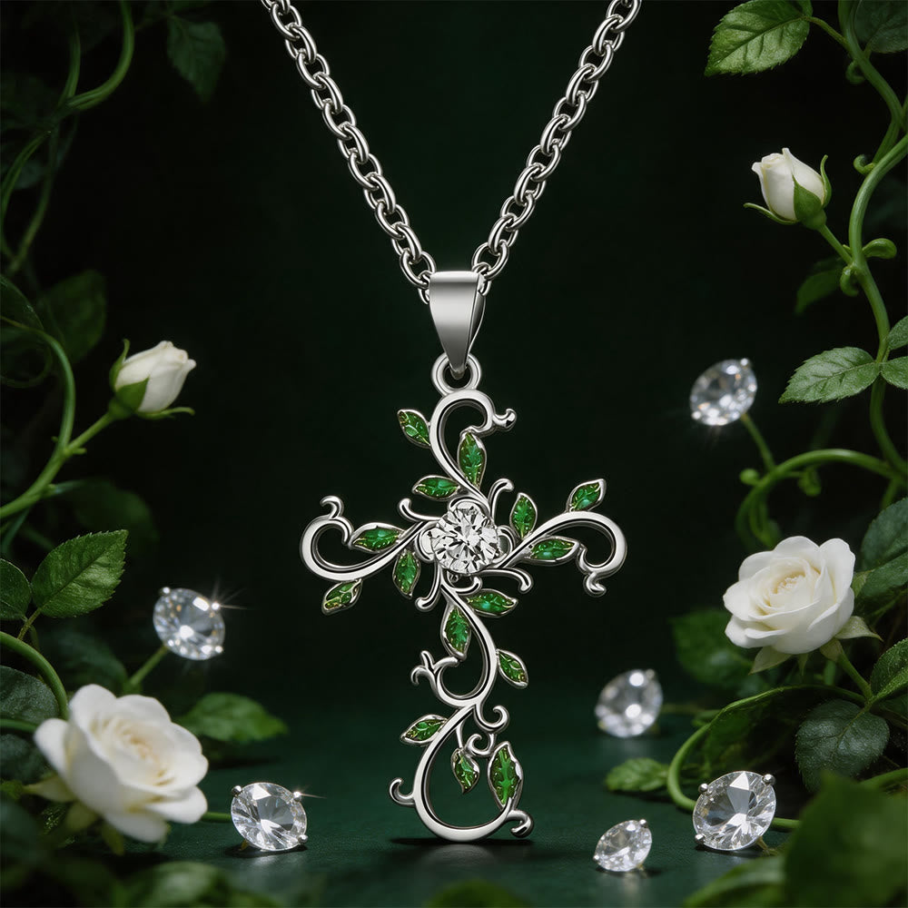 FREE Today: Gold Tone Vine Leaf Pink Gemstone Cross Necklace - Silver - image 2