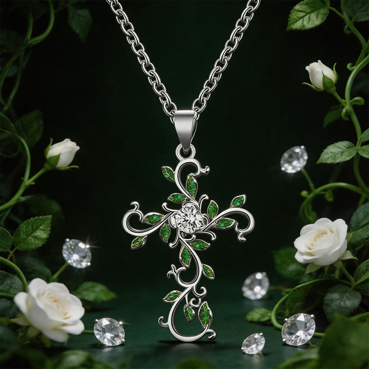 FREE Today: Gold Tone Vine Leaf Pink Gemstone Cross Necklace - Silver - image 2