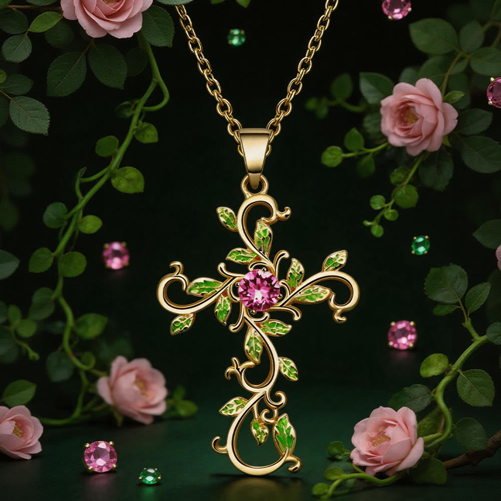 FREE Today: Gold Tone Vine Leaf Pink Gemstone Cross Necklace - Gold - image 3