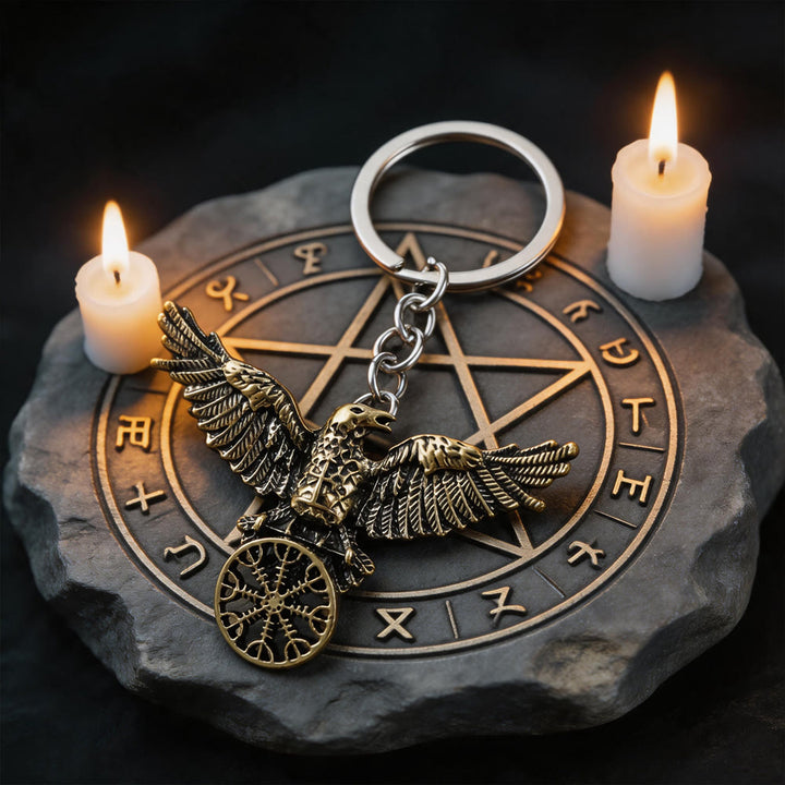WorldNorse Viking Raven Odin Crow Vegvisir Compass Pendant Keychain / Necklace - Keychain#Bronze - image 3