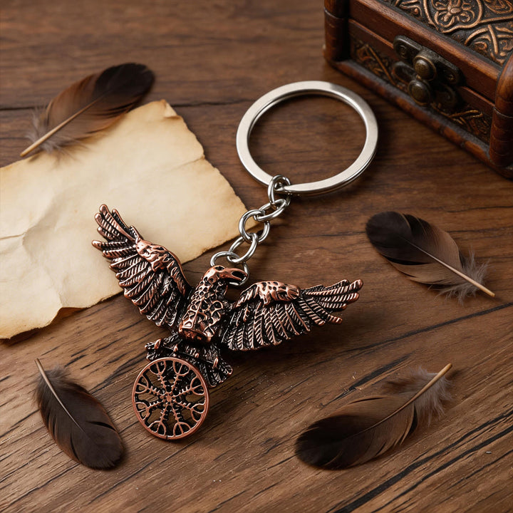 WorldNorse Viking Raven Odin Crow Vegvisir Compass Pendant Keychain / Necklace - Keychain#Reddish-copper - image 2