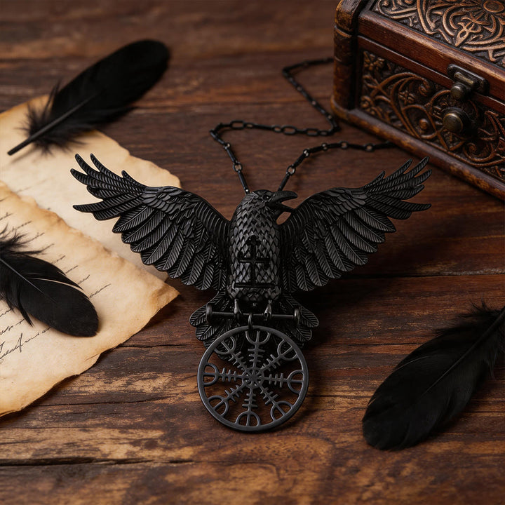 WorldNorse Viking Raven Odin Crow Vegvisir Compass Pendant Keychain / Necklace - Necklace#Black - image 4