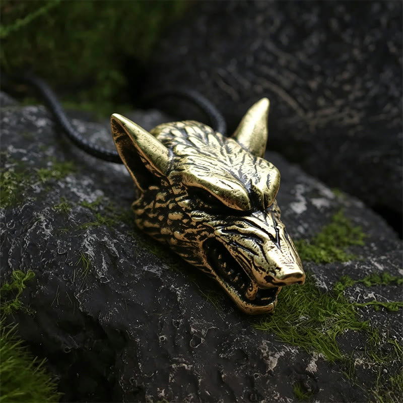 WorldNorse Antique Textured Wolf Head Necklace - Bronze - With Wax Rope - image 4