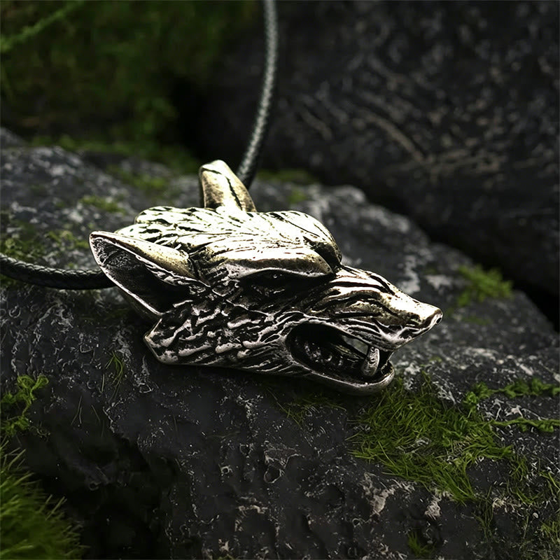 WorldNorse Antique Textured Wolf Head Necklace - Retro Silver - With Wax Rope - image 0