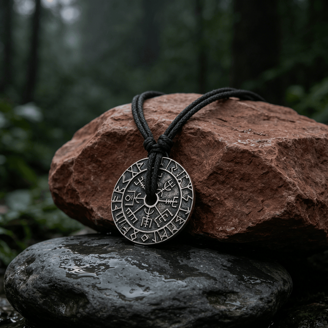 WorldNorse Double Sided Rune Vegvisir Compass Necklace - Retro Silver - image 0