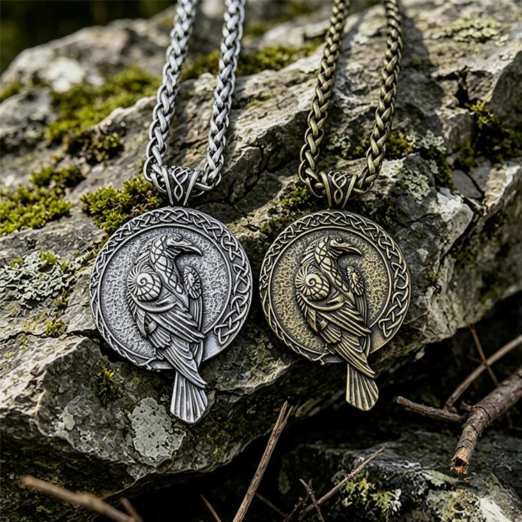WorldNorse Double Sided Antique Odin Raven Celtic Knot Necklace - image 0