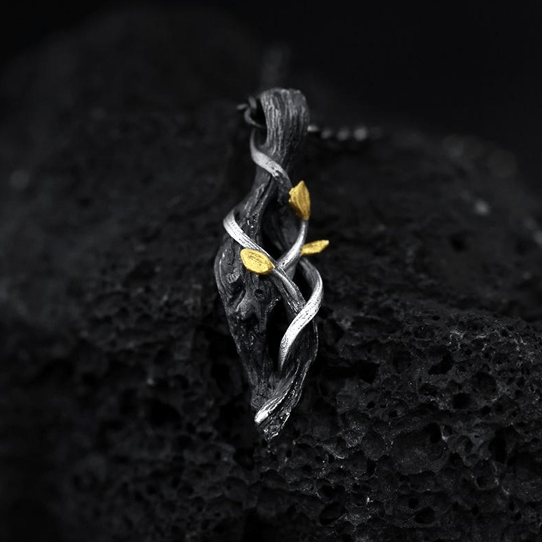 WorldNorse Handcrafted 999 Silver Withered Wood Twisted Vine Gold Leaf Necklace - image 5