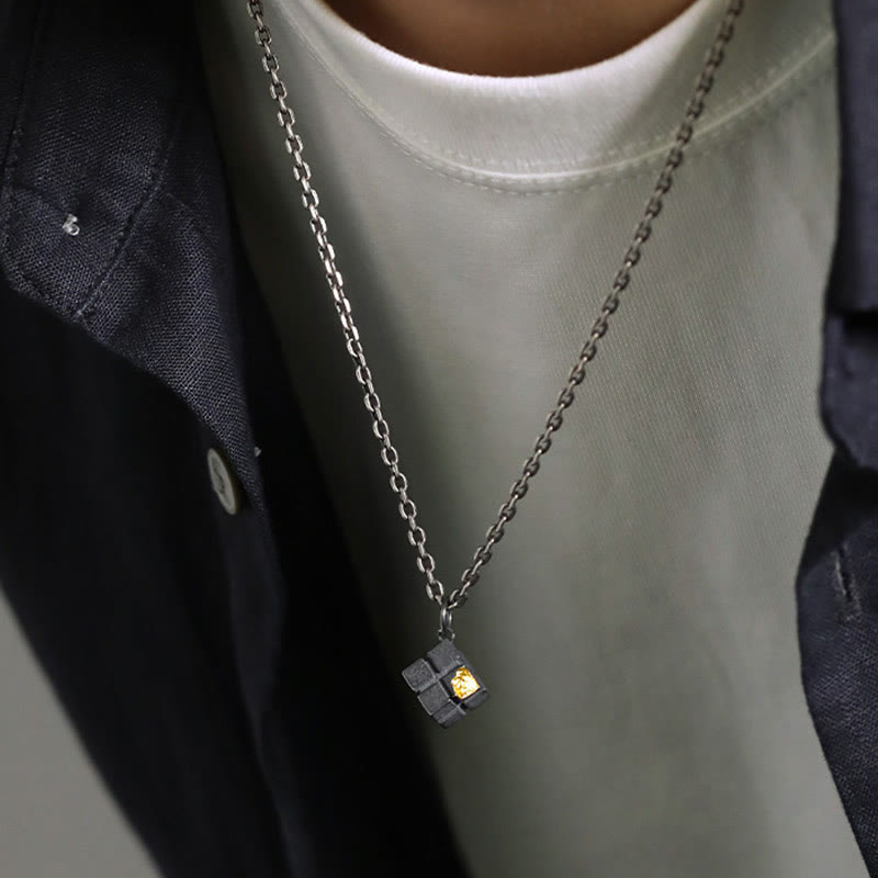 WorldNorse Handcrafted 999 Silver Forged Cube Necklace with Gold