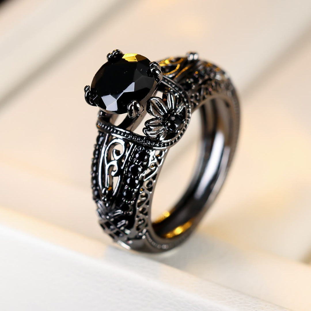 FREE Today: Gothic Intricate Carvings Flower Engagement Black Stone Ring - image 2