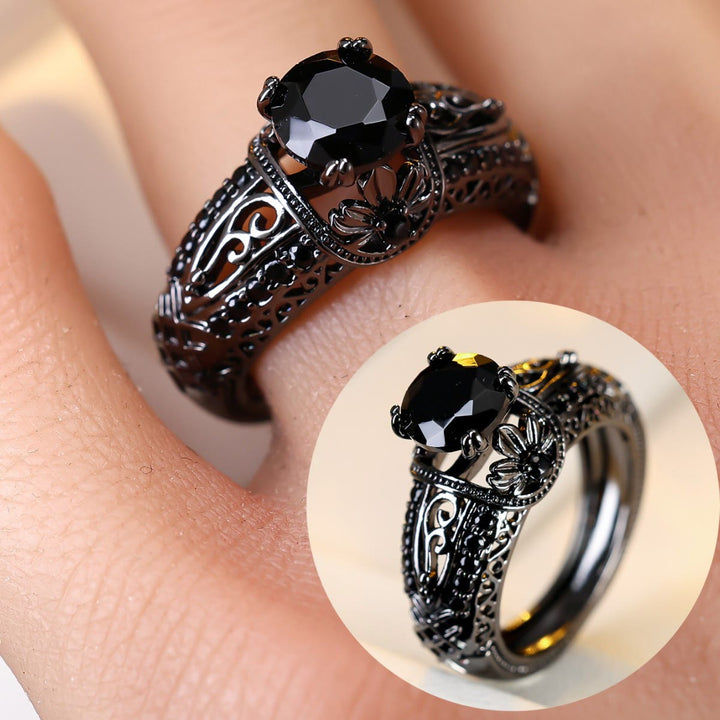 FREE Today: Gothic Intricate Carvings Flower Engagement Black Stone Ring - US 10 - image 0