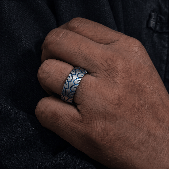 FREE Today: Men 8mm Stainless Steel Blue And Silver Color Tire Tread Ring - image 1