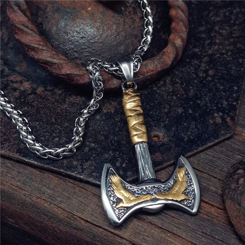 FREE Today: Viking Thor's Hammer Axe Crow Ravens Pendant Titanium Steel Necklace - Golden Color & Silver Color - image 0
