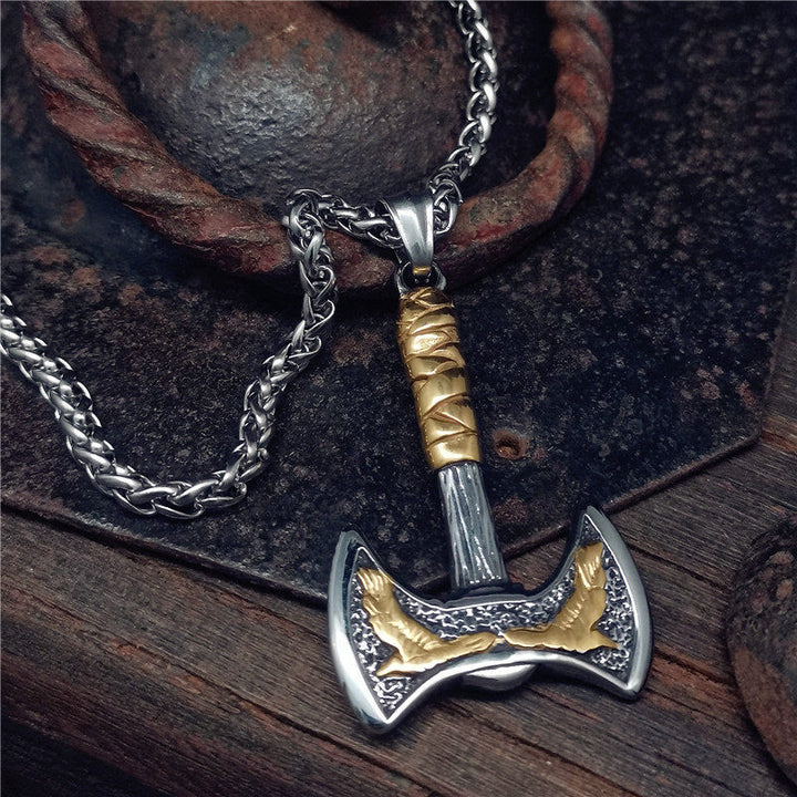 FREE Today: Viking Thor's Hammer Axe Crow Ravens Pendant Titanium Steel Necklace - Golden Color & Silver Color - image 0