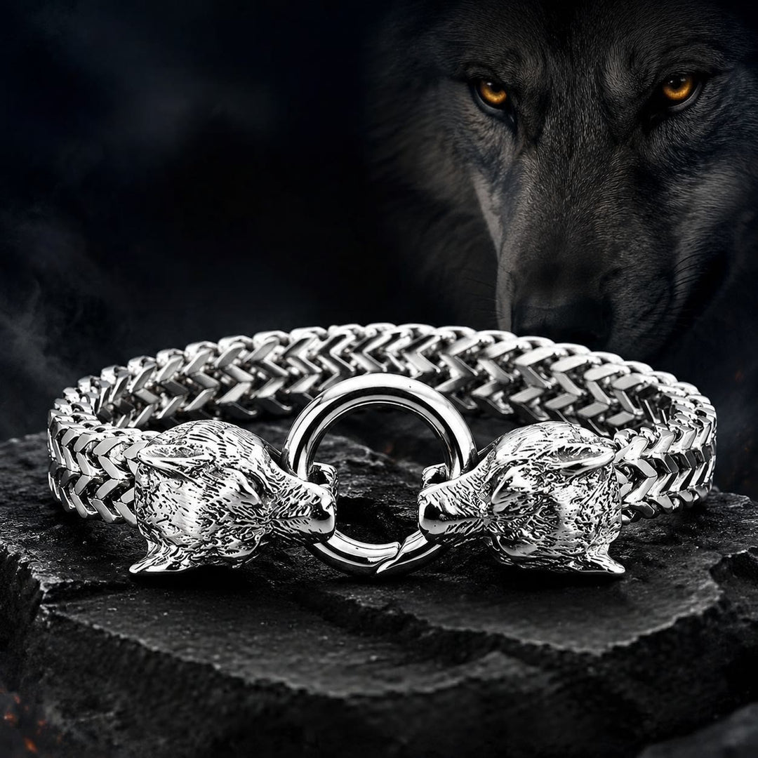 FREE Today: Stainless Steel Wolf Head Viking Bracelet-Fenrir - Silver Color - 23cm - image 0