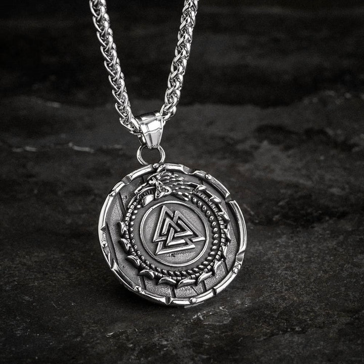 FREE Today: Valknut Vegvisir Dragon Odin Triangle Rune Pendant Men's Stainless Steel Pendant Necklace - Silver Color - image 0