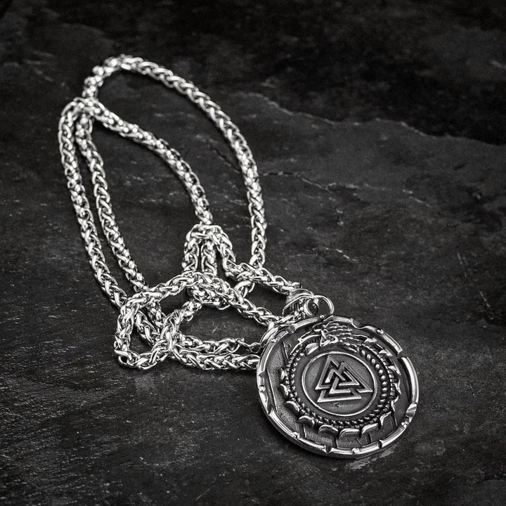 FREE Today: Valknut Vegvisir Dragon Odin Triangle Rune Pendant Men's Stainless Steel Pendant Necklace - image 1