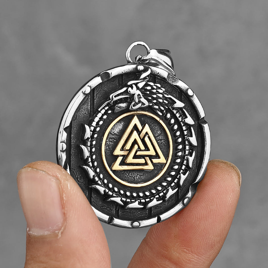 FREE Today: Valknut Vegvisir Dragon Odin Triangle Rune Pendant Men's Stainless Steel Pendant Necklace - Golden Color - image 5