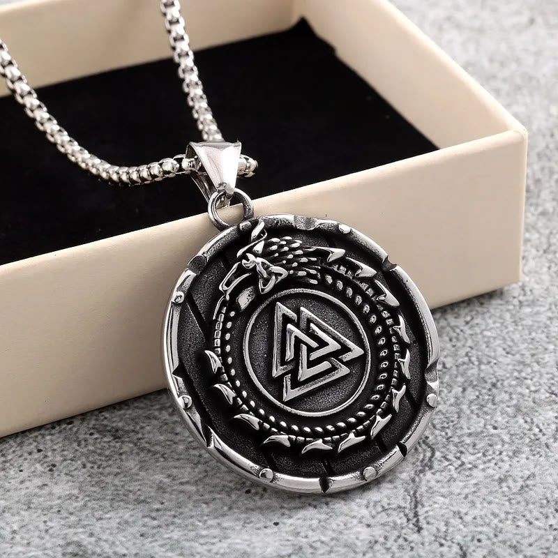 FREE Today: Valknut Vegvisir Dragon Odin Triangle Rune Pendant Men's Stainless Steel Pendant Necklace - image 3