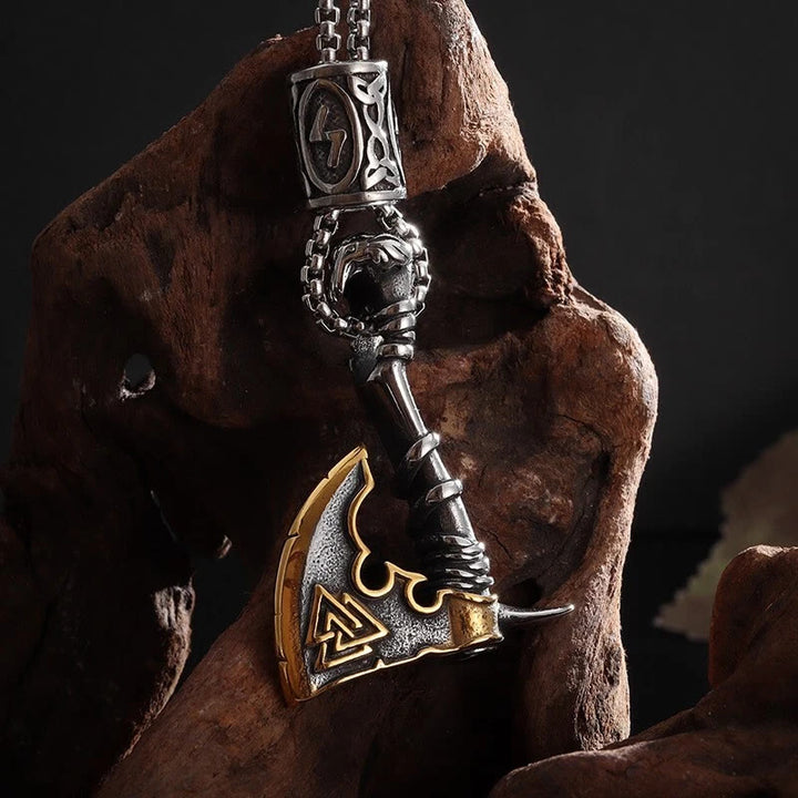 FREE Today:"Viking Valor" Nordic Battle Axe Necklace with Odin's Valknut and Rune Bead Two-Tone Warrior Talisman - Viking Valor - image 0