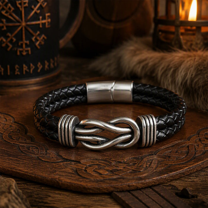 FREE Today: Leather Knot Love Bracelet Stainless Steel Clasp for Men - Silver Knot - 23cm - image 0