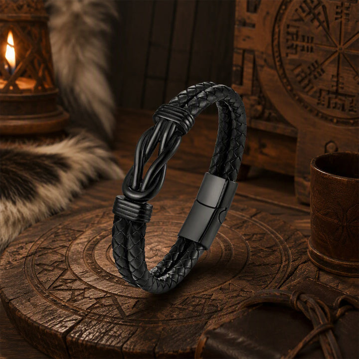 FREE Today: Leather Knot Love Bracelet Stainless Steel Clasp for Men - Black Knot - 23cm - image 4