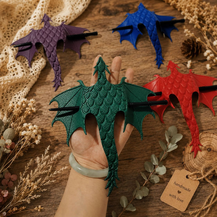 FREE Today: Handmade Tooled Leather Dragon Hair Slide with Wood Stick Viking Thrones Accessory - Green - image 1