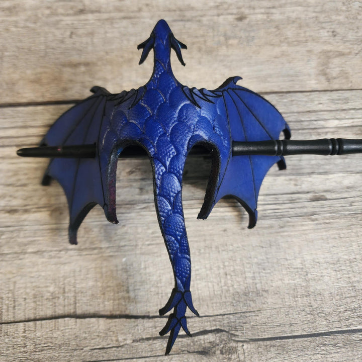 FREE Today: Handmade Tooled Leather Dragon Hair Slide with Wood Stick Viking Thrones Accessory - Blue - image 8