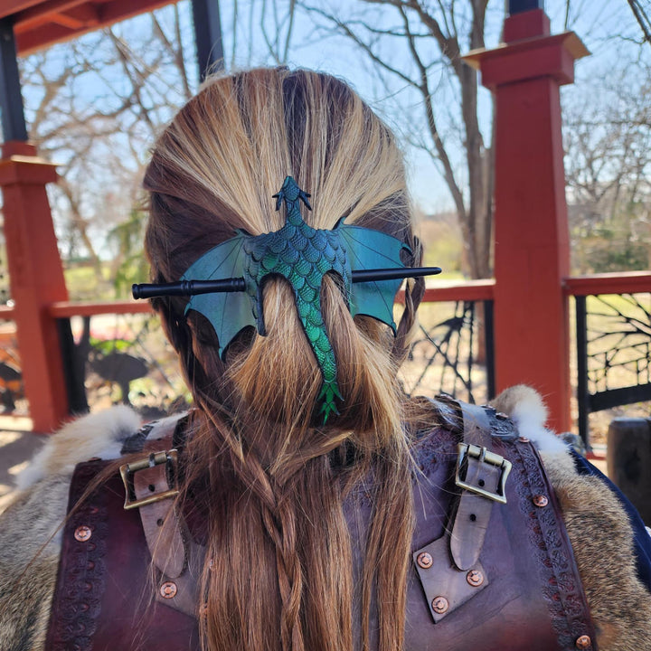 FREE Today: Handmade Tooled Leather Dragon Hair Slide with Wood Stick Viking Thrones Accessory - image 0